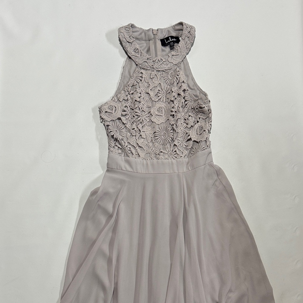 Lulu's High-Neck Lace Bodice Maxi Dress in Light Taupe Gray